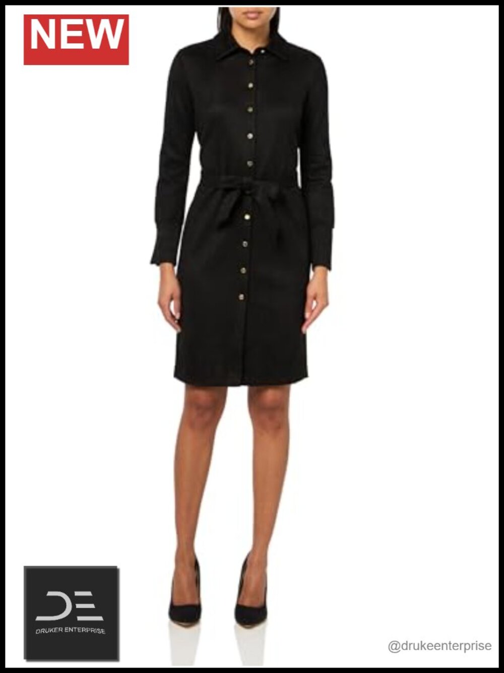 Long Sleeve Collared V-Neck Button Front Belted Shirt Dress